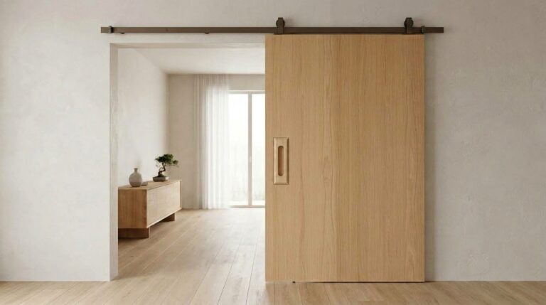 Cohsar handcrafted solid beechwood recessed flush door handle installed on a modern interior wooden sliding door